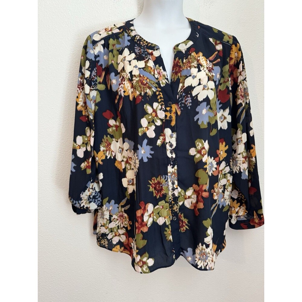 Zac & Rachel Woman Blouse Womens 3X Floral Navy Long Sleeve Boho Roll Tab EUC